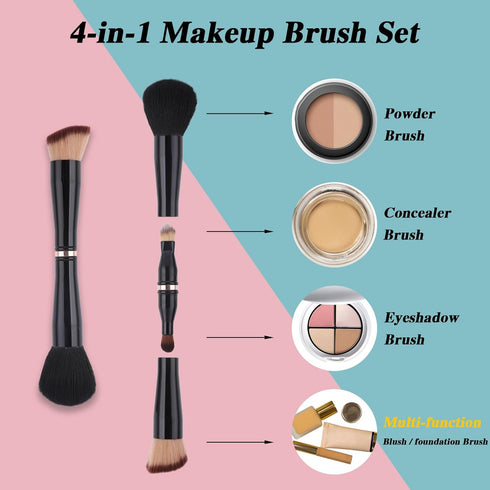 4 in-1 Makeup Brush Set, Foundation Brush Blush Brush Eyeshadow Powder Brush Concealer Brush All-in-One Travel Makeup Brushes Double Ended Makeup Brush for Foundation, Concealer, and Powder