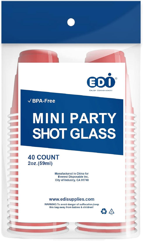 EDI Disposable Red Plastic Mini Party Shot Glasses, 2 oz, 40 Count