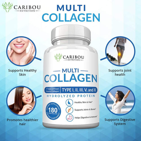 Multi Collagen Pills, 180 Capsules - Type I, II, III, V & X Collagen Peptides, Wild Fish, Eggshell, Chicken & Beef