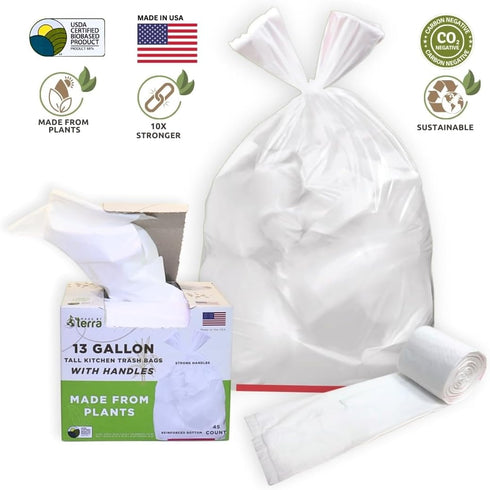 Made By Terra 13 45 USDA Certified - Plant Based Kitchen Trash Bags with HANDLES, Gallon Standard Size - Bags