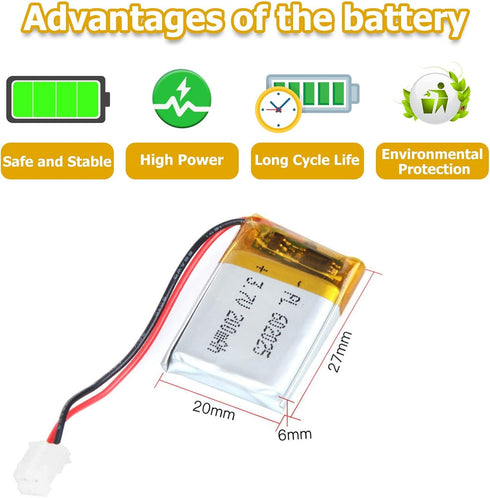 3.7V 200mAh 602025 Lipo Battery Pack, Rechargeable Lithium Polymer with PH2.0mm JST Connector