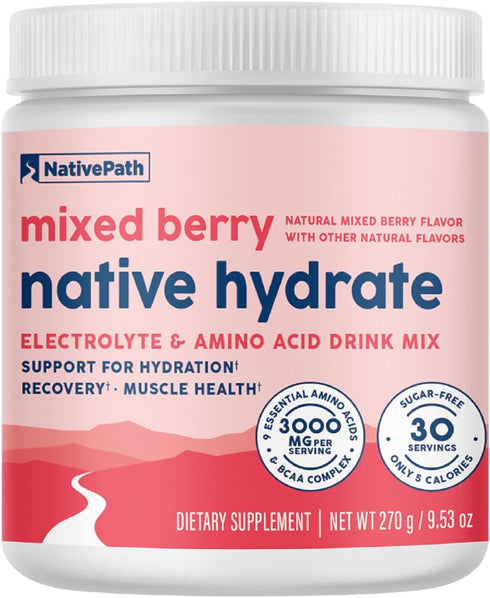 NativePath Native Hydrate Electrolytes Powder with BCAAs, Zero Sugar, Mixed Berry Hydration Powder, Keto & Paleo