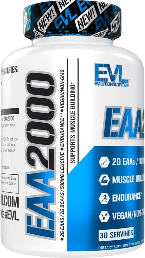 Evlution Nutrition EAA2000, Pre & Post Workout Capsules, Muscle Building + Recovery Supplement, 30 Servings