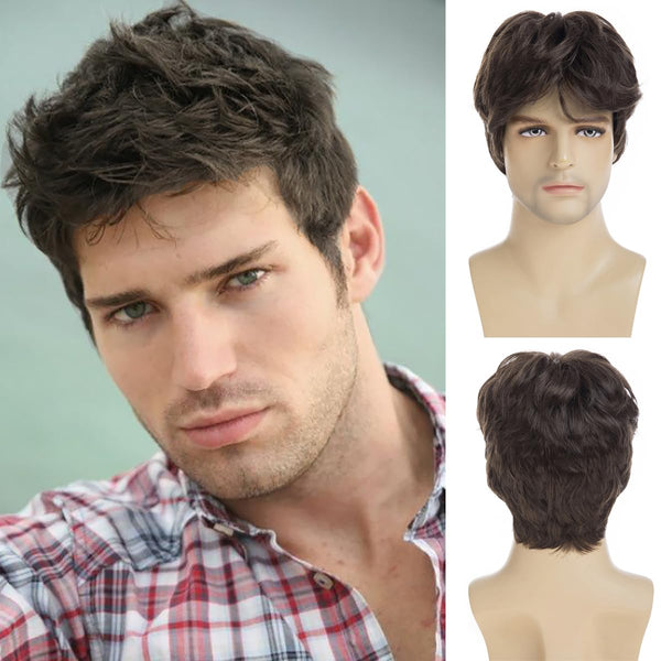 Mens Short Brown Synthetic Wig, Natural Replacement Hair for Daily Party Wear
