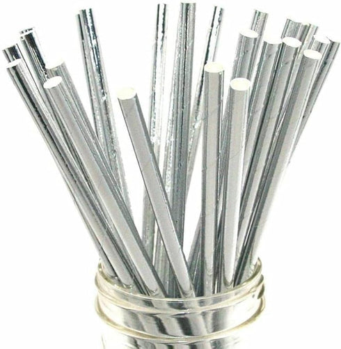Shining Silver Paper Straws for Drinking, 100 Disposable Metal Silver Drinking Straws for Wedding Decoration