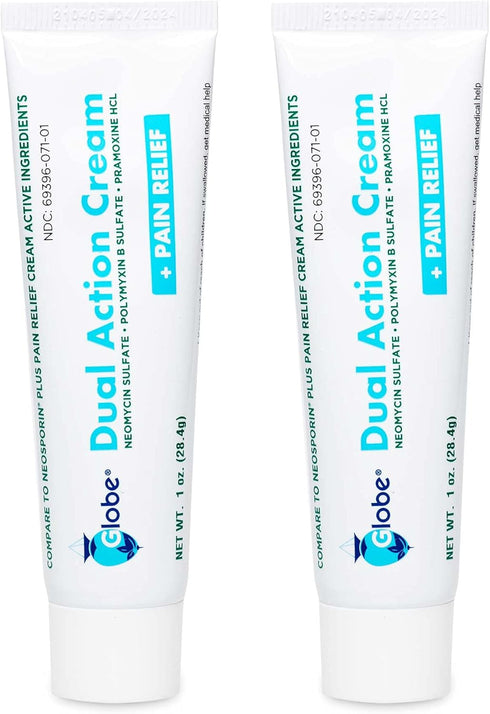(2 Pack) Globe Triple Antibiotic Cream + Pain Relief - Neomycin, Polymyxin B, Pramoxine HCl, 24 Hour Protection