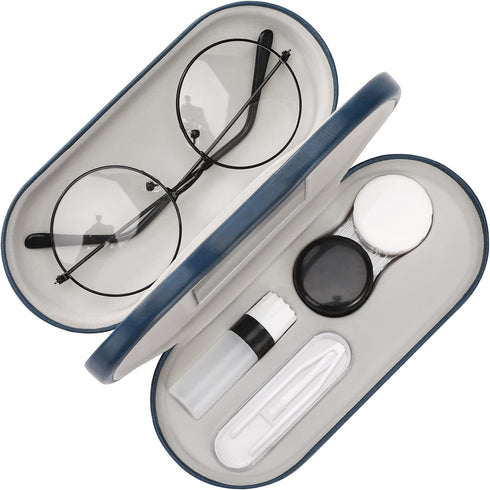 MoKo Double Eyeglass Case - Contact Lens Holder with Mirror & Tweezers, Portable Storage Kit for Men & Women, Blue