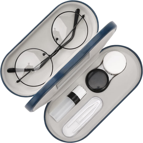 MoKo Double Eyeglass Case - Contact Lens Holder with Mirror & Tweezers, Portable Storage Kit for Men & Women, Blue