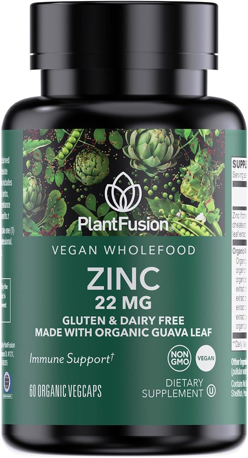 PlantFusion Vegan Zinc Supplements 22 mg, Wholefood Complex, Chelated Zinc Citrate from Organic Guava Leaf