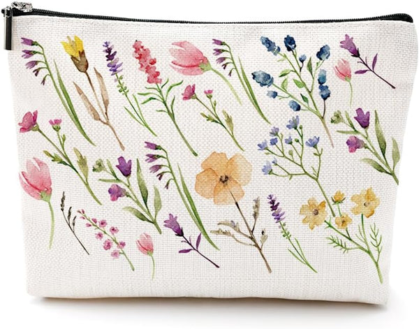 Watercolor Wildflowers Floral Makeup Bag, Vintage Cosmetic Bag Essentials, Friendship Gifts for Women Flower Lovers