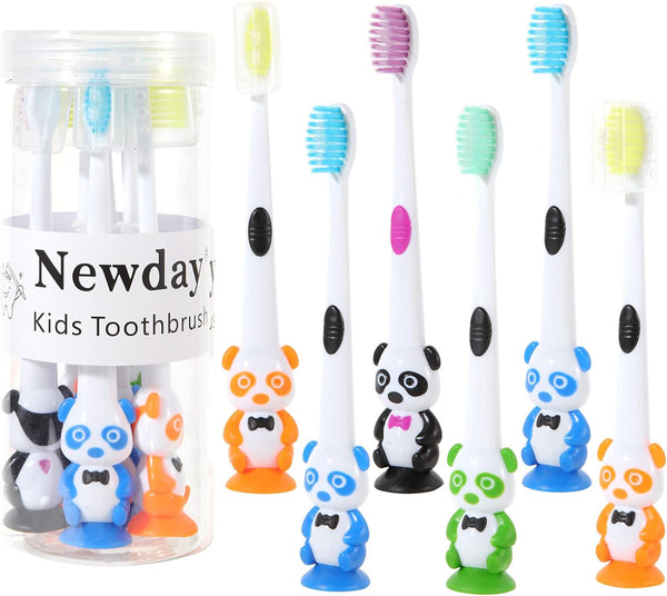 Newday Kids Toothbrushes, 6 Pack Set with Soft Bristles and Suction Cup, Includes Travel Covers, Bear Panda Design