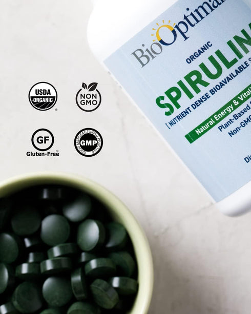 Organic Spirulina Tablets - Organic, Non-GMO, No Additives or Fillers - 500mg Premium Quality Dietary Supplement, 120