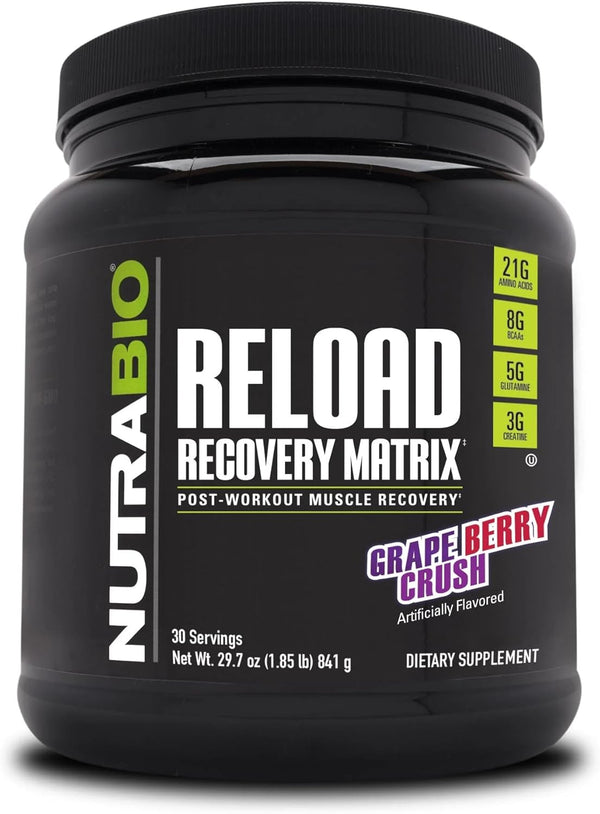 NutraBio Reload Powerful Muscular Recovery Formula - Post-Workout Supplement, 30 Servings, Grape Berry Crush