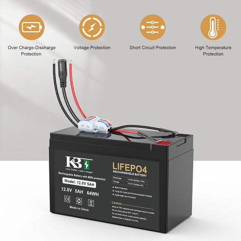 KBT KEEP BETTER TECH 12V 5Ah LiFePO4 Pack 12V KBT Rechargeable Battery, Bare Leads Wire Replacement Battery