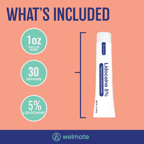 WELMATE 5% Lidocaine Numbing Cream - Maximum Strength Topical Anesthetic for Pain Relief (1 Oz)