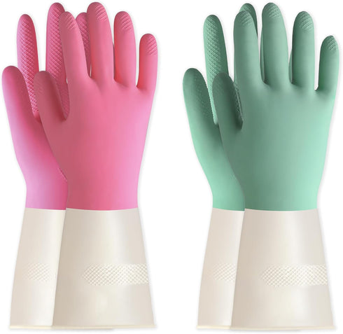 BOOMJOY 2 Pairs Heavy Duty Latex Cleaning Gloves, Reusable Medium Gloves for Kitchen, Bathroom, Gardening, Green & Pink