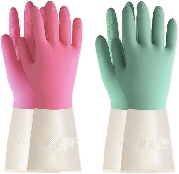 BOOMJOY 2 Pairs Heavy Duty Latex Cleaning Gloves, Reusable Medium Gloves for Kitchen, Bathroom, Gardening, Green & Pink