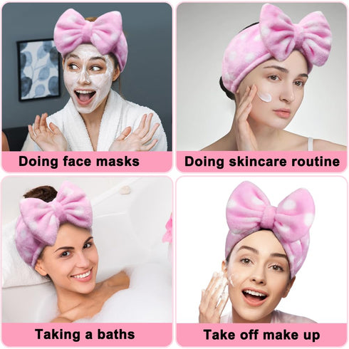 Shintop Women Fashion Soft Carol Fleece Bowknot Makeup Cosmetic Shower Elastic Hair Band, Pink Polka Dots