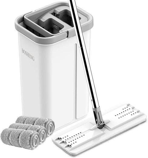 BOSHENG Mop and Bucket with Wringer Set, Hands Free Flat Floor Mop