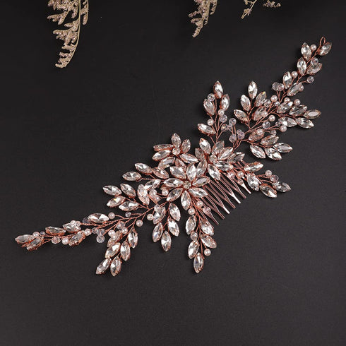 Wedding Rose Gold Rhinestone Crystal Flower Hair Comb, Bridal Headpiece for Women and Girls
