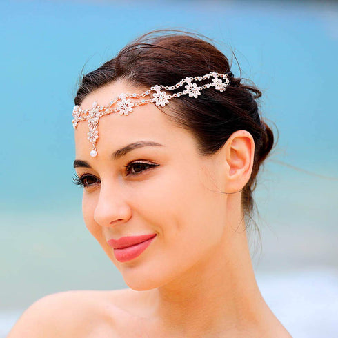 Unsutuo Hair Jewelry Head Chain, Wedding Bohemian Floral Headband Elastic for Women (Rose Gold)