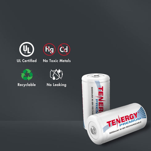 Tenergy Premium Rechargeable C Batteries, 5000mAh NiMH, C Size, 4-Pack