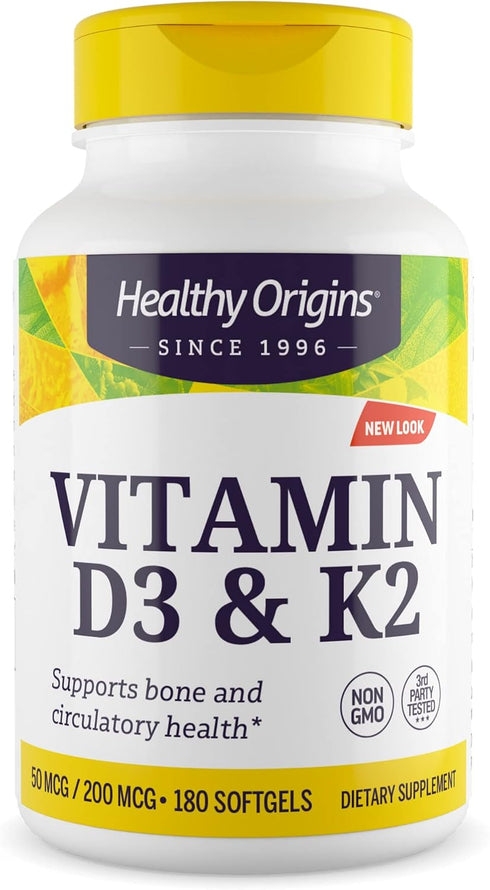 Healthy Origins Vitamin D3 & K2 Supplements, 50 mcg D3, 200 mcg K2, Non-GMO & Gluten-Free, 60 Softgels