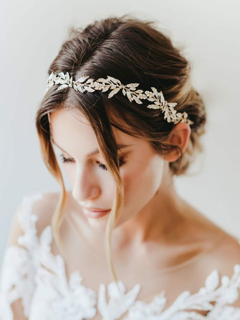 SWEETV Leaf Wedding Headpieces - Gold Bridal Headband with Rhinestones for Bride and Flower Girl