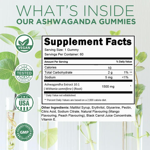 Ashwagandha Gummy 3,000mgs | Extra Strength | KSM-77+ High Potency, 10% Withanolide | Delicious Peach Mango | 60 Count