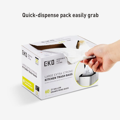 EKO Easy-Dispense Roll of 60 Count Extra-Strong Drawstring Kitchen Trash Bags, 21 Gallon Garbage Bags (79.5L)