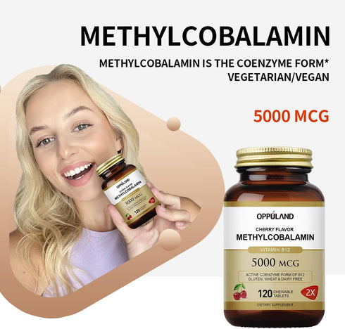 Vitamin B12 (Methylcobalamin) 5000 mcg, Folic Acid (Vitamin B9 Folate) 120 Chewable Tablets for Cirrhosis and Liver