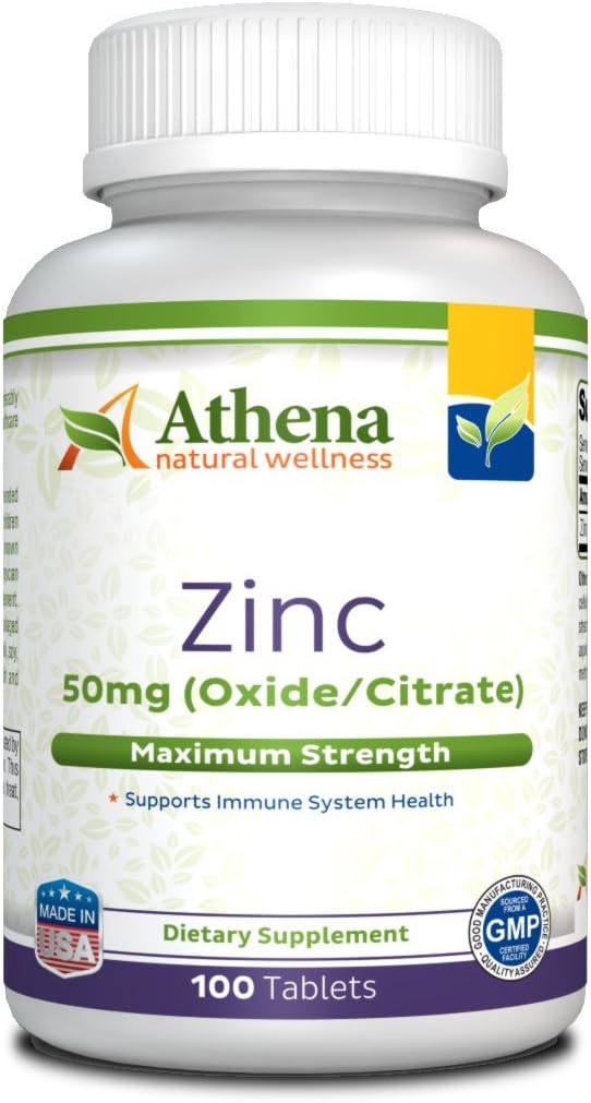 Athena Zinc Supplement Tablets 50mg - 100 Coated Tablets - Oxide/Citrate