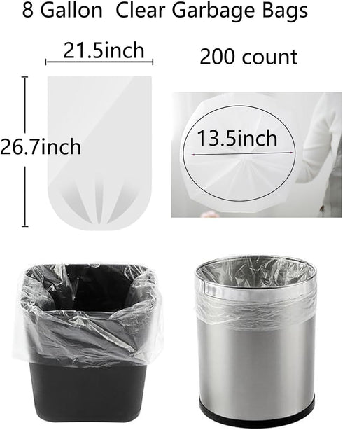 200 Count 8 Gallon Trash Bags, Clear Medium Garbage Bags, 1.1 mil Strong, Unscented