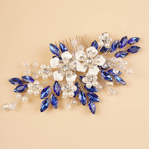 Silver Flower Blue Rhinestones Beads Hair Comb for Women Girls, Wedding Bridal Hair Piece Jewelry