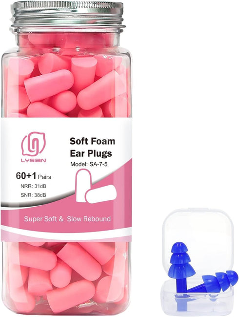 LYSIAN Ultra Soft Foam Ear Plugs for Sleep - 38dB Noise Cancelling Earplugs, 60 Pairs, Pink Color