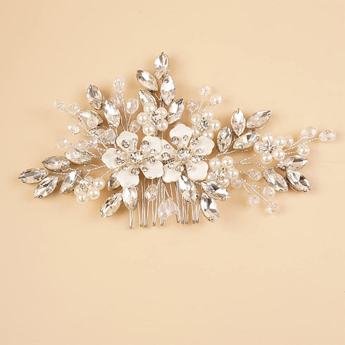 Silver Flower Rhinestones Beads Hair Comb | Wedding Bridal Hair Piece | Hair Styling Jewelry for Women Girls | Prom