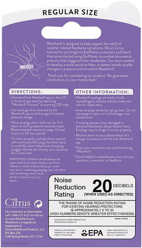 WeatherX Headache Prevention Earplug for Barometric Pressure Shifts, Regular 1 PK, Free Alert App Download