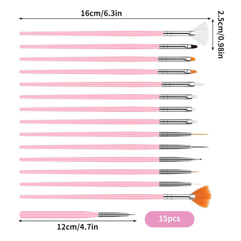 Nail Art Brushes Set, 15Pcs Nail Design Brushes Kit for Home Manicure, Small Detail Brushes for Fine Nail Art DIY