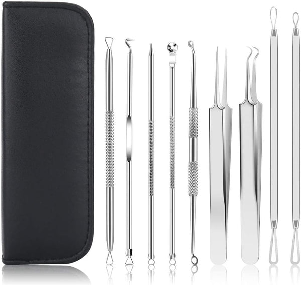 UUBAAR 9 PCS Pimple Popper Tool Kit, Blackhead Remover Tools with Tweezers for Facial Extraction