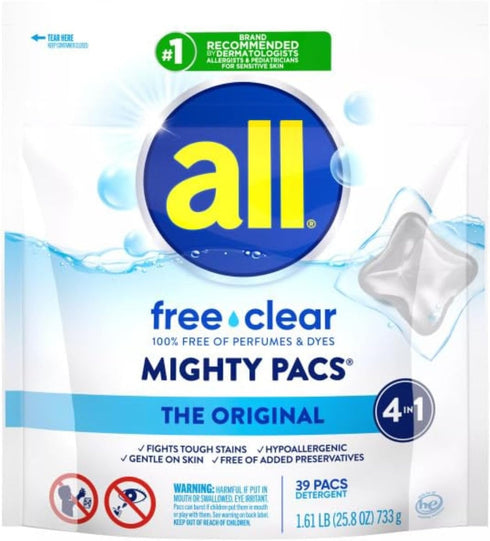 all Mighty Laundry Detergent Pacs, Free Clear for Sensitive Skin, Unscented, 39 Count