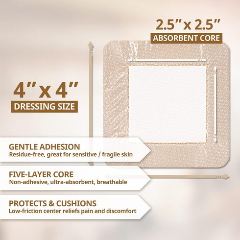 EVERLIT Care Silicone Foam Dressing with Adhesive Border, Highly Absorbent Hypoallergenic Bandages for Chronic Wounds,