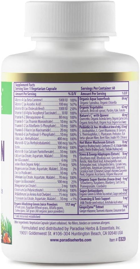 Paradise Herbs, Earth's Blend, Multivitamin, with Iron, 48 Organic Superfoods, Probiotics, Antioxidants, Vitamins A, B12, C, D, K2, Daily Superfood Multivitamin with Iron, 60