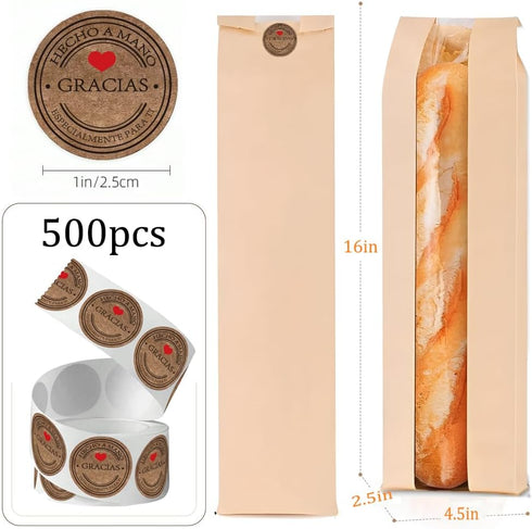 PEOKPIPLE 500 60-Pack 4.5 2.5 16 Inch Packaging Bread Bags for Homemade Bread with Labels, x x Paper Bags for Bread