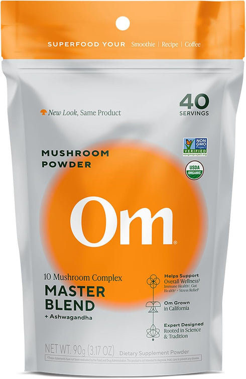 Om Master Blend Organic Mushroom Powder 3.17 oz (40 Servings) with 10 Mushrooms & Ashwagandha for Immunity