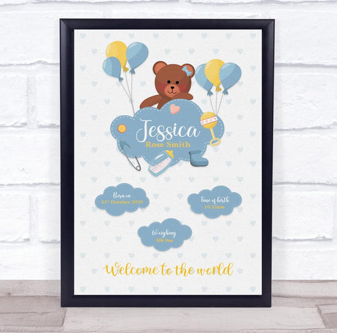 The Card Zoo New Baby Birth Details Christening Nursery Bear Cloud Balloons Gift Print