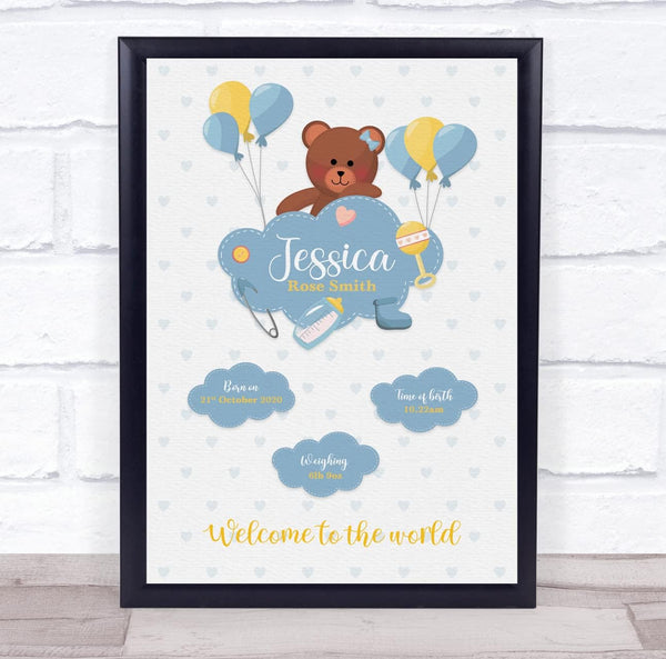 The Card Zoo New Baby Birth Details Christening Nursery Bear Cloud Balloons Gift Print