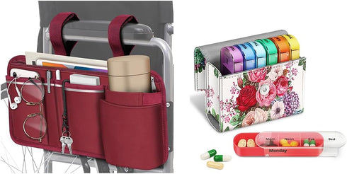 FINPAC Wheelchair Side Organizer Bag with Cup Holder(Burgundy) Weekly Pill Organizers (Flower)