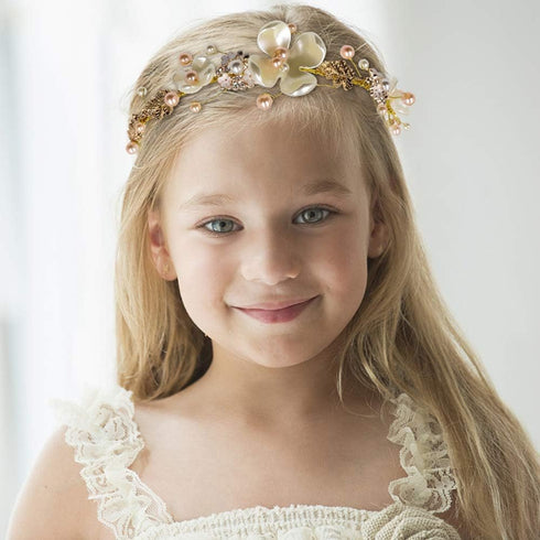 NODG Gold Tiaras for Women, Pearl Bride Crowns Wedding Headpiece, Gold Flower Bridal Hair Piece