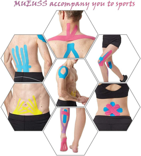 MUEUSS Kinesiology Tape Elastic Cotton Athletic Tape, 20 Count, 10" Precut Strips for Muscle Pain Relief