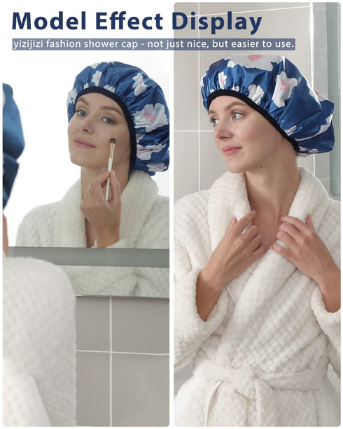 YIZIJIZI Terry Lined Shower Cap, Triple Layer Large Reusable Waterproof Cap for Long Thick Hair, Blue